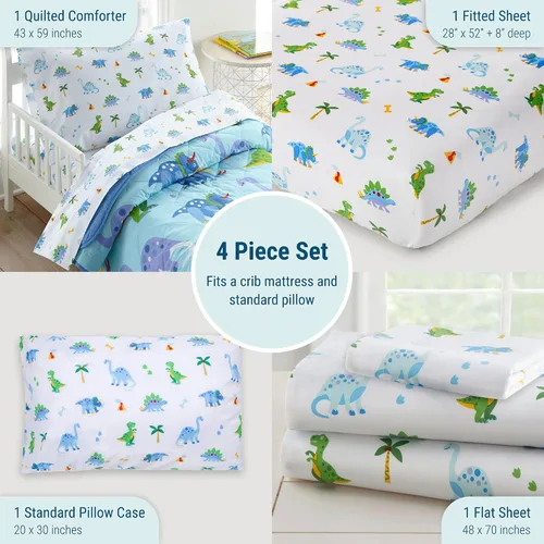 Vista 2 de Wildkin Cama infantil de 4 piezas en una bolsa – Edredón de algodón, sábanas y funda de almohada para acurrucarse cómodamente – Tierra de dinosaurios