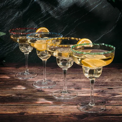 Vista 7 de Vasos de cóctel Margarita de 12 onzas + bordes coloridos para fiesta, juego de 4, resistentes, gruesos, soplados a mano, copas clásicas de bebidas