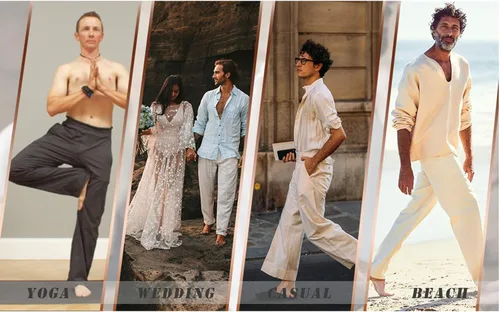 Vista 5 de COOFANDY Pantalones casuales de lino para hombre con cintura elástica y cordón para playa