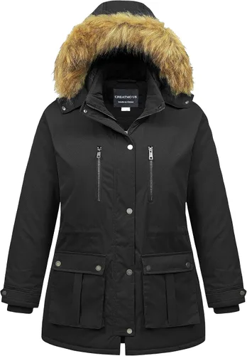 Vista 11 de CREATMO US Abrigo de invierno para mujer, talla grande, impermeable, chaqueta puffer larga, cálida, militar, gruesa, parka con capucha de piel Gris