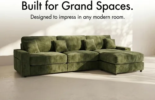 Vista 8 de WEUP Sofá modular en forma de L de 114 pulgadas, sofá nube de gran tamaño con otomana móvil, cómodo sofá de felpilla con almohada, bolsillos Verde