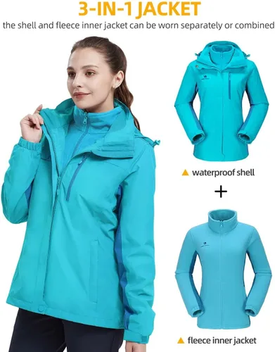 Vista 2 de CAMEL CROWN Chaqueta de esquí impermeable 3 en 1 para mujer, abrigo de invierno rompevientos, chaquetas de snowboard para lluvia, nieve, senderismo
