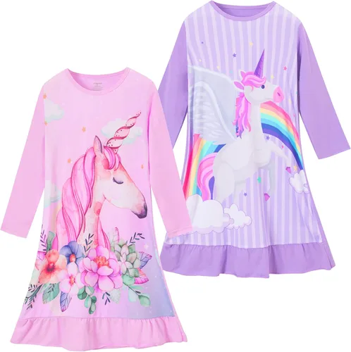 Vista 8 de Camisones de noche de algodón de manga larga para niñas, vestido de noche de 2 a 9 años, paquete de 2