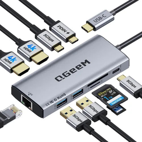 Vista 12 de Hub USB C, estación de acoplamiento para laptop 10 en 1, monitor dual individual 8K y 2x4K @60Hz, adaptador multipuerto tipo C con 2 HDMI, PD100W