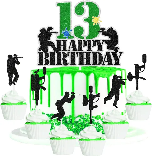 Vista 7 de Juego de 7 piezas de decoración para cupcakes de paintball para adolescentes de 9.º cumpleaños. Es la fiesta de cumpleaños perfecta con temática