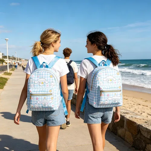 Vista 2 de Roffatide Anime Cinnamoroll Mochila Mini Cute Cartoon Daily Travel Bag All Over Impreso a cuadros Mochila de viaje senderismo mochila azul, LYB14001
