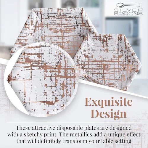 Vista 3 de Elegante vajilla desechable - Colección Ártico, platos llanos hexagonales, oro rosa