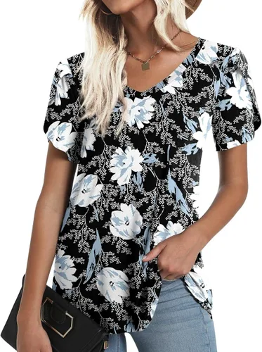Vista 2 de CATHY - Camisetas informales de verano 2022 para mujer camisetas de manga corta con cuello en V y pétalos blusa holgada y cómoda ligera y bonita