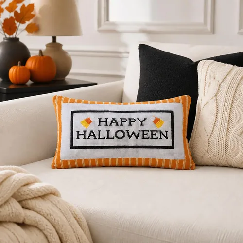Vista 2 de Mud Pie Almohada de Halloween, almohada bordada Happy Halloween Naranja