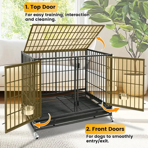 Vista 8 de Jaula resistente de 43 pulgadas para perros con divisor, jaula indestructible a prueba de escapes, jaula grande para perros en interiores, cuencos
