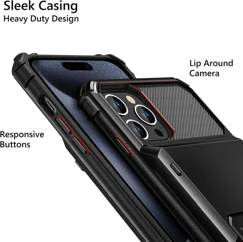 Vista 3 de Vofolen Funda para iPhone 15 Pro con tarjetero y 4 tarjetas, de doble capa, resistente, a prueba de golpes, con ranura oculta para tarjetas, Negro