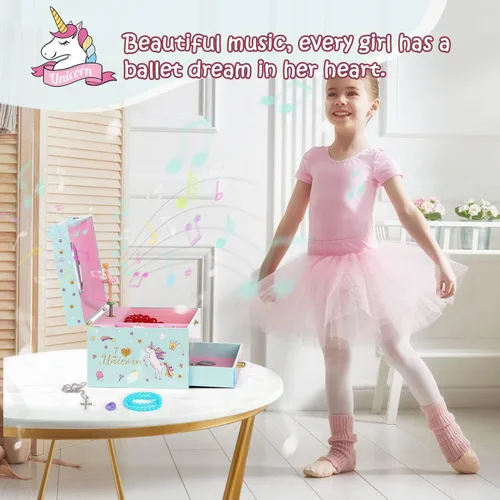 Vista 6 de Joyero para niñas, caja musical para niñas, organizador de joyas de bailarina para niña pequeña con collar de unicornio y pulsera, regalos