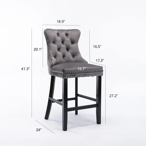 Vista 3 de Juego de 4 taburetes de bar de altura de mostrador, taburete de bar de terciopelo de 27 pulgadas con decoración de botones, patas de madera maciza