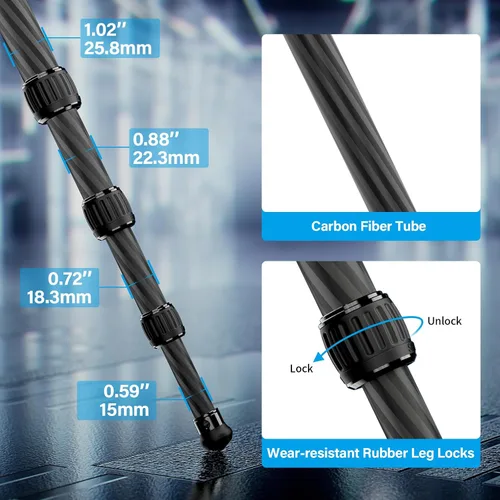 Vista 6 de SIRUI Trípode de viaje de fibra de carbono de 50.2", trípode compacto para cámara profesional con cabeza de bola de perfil bajo, sistema