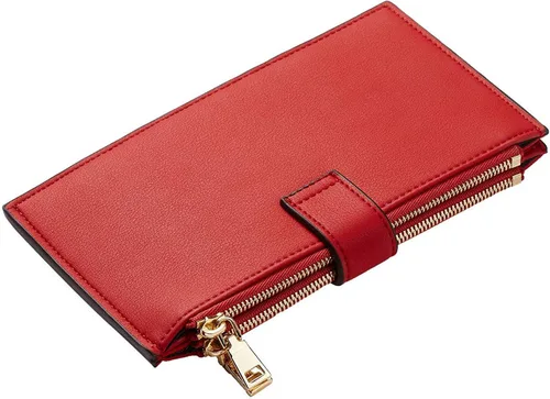 Vista 5 de Travelambo Billeteras de cuero para mujer, delgada, con bloqueo RFID, billetera plegable para tarjetas de crédito, Rojo Clásico, Moda