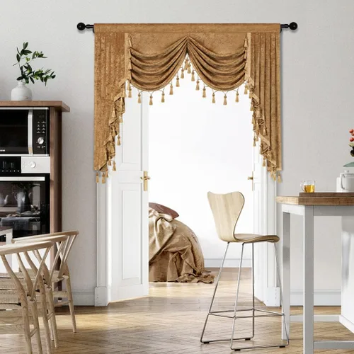Vista 31 de ELKCA Cenefa de cortina de felpilla beige para ventana de sala de estar, cenefa de cascada para dormitorio, bolsillo para barra
