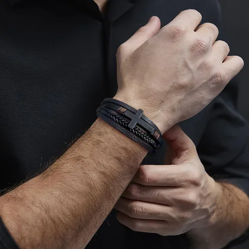 Vista 5 de Pulsera de cuero para hombre con cruz de fe trenzada de múltiples capas, pulsera religiosa para hombres y mujeres