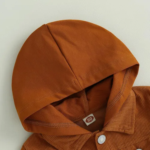 Vista 7 de Chaquetas con capucha para bebé niño con bloques de color, manga larga, con botones, camisas de pana casual, ropa de otoño