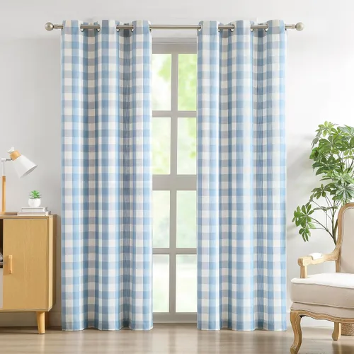 Vista 41 de Amzdecor Cortinas a cuadros con ojales de búfalo de 54 pulgadas de largo, cortinas texturizadas semitransparentes para sala de estar, dormitorio