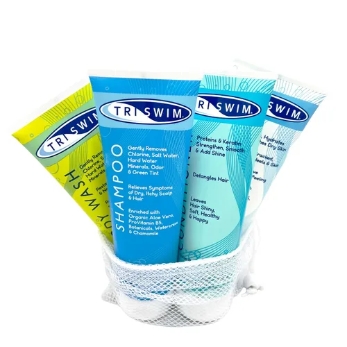 Vista 6 de TRISWIM Juego de chupitos en bolsa de viaje Champú de eliminación de cloro de tamaño de viaje de 2 onzas, acondicionador de nadador, gel de baño
