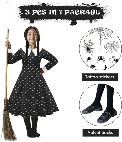 Vista 2 de SEDEX Wednesday Addams - Disfraz familiar para niñas, vestido negro de Halloween, traje de cosplay para niños, adolescentes, disfraz con accesorios