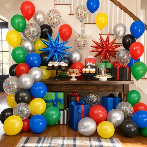 Vista 4 de Globos negros y rojos amarillos azules, globos de confeti de 12 pulgadas negros rojos amarillos azules verdes plateados metálicos con globo