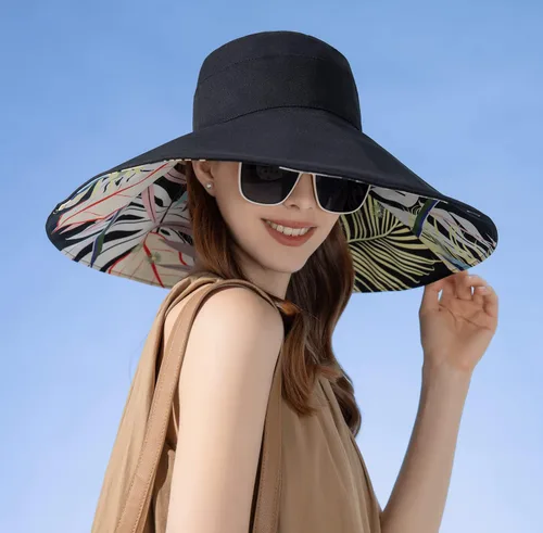 Vista 4 de HUAMULAN Sombrero de sol de verano para mujer, ala ancha, borde con alambre, floral, playa, cubo, sombreros reversibles, plegables, protección UV