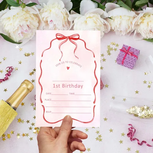 Vista 5 de ukebobo 20 invitaciones de fiesta de primer cumpleaños con lazo rosa, lindas invitaciones minimalistas de cumpleaños para niñas y niños, tarjetas