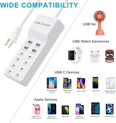 Vista 3 de Cargador USB, estación de carga de 12 puertos (4 puertos USB-A y 8 puertos USB-C) compatible con múltiples dispositivos para iPhone 15/14/13/12Pro