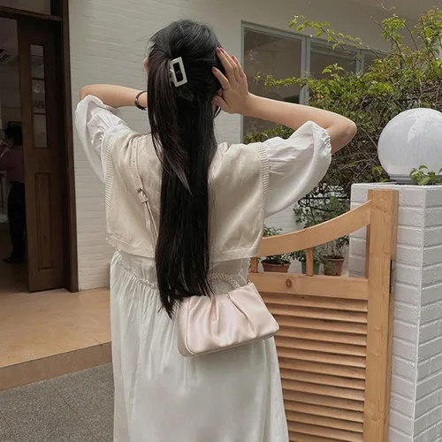 Vista 6 de LAKSMI Bolsos de mano de noche con perlas para mujer, de cuero suave, fruncidos, bolsos cruzados para bodas, fiestas, bailes de graduación