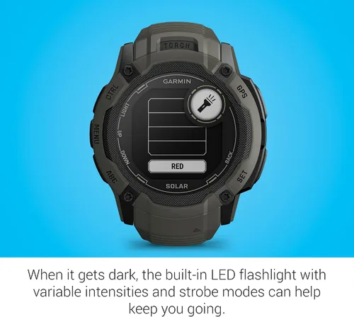 Vista 5 de Garmin Instinct 2X Solar, reloj inteligente GPS resistente, linterna incorporada, capacidad de carga solar, GNSS multibanda, Moss