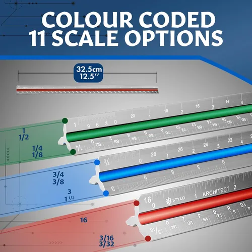 Vista 2 de Stylo Regla de escala de arquitecto de aluminio de 12" con grabado láser, regla triangular de dibujo, ranuras codificadas por color para planos, Gris