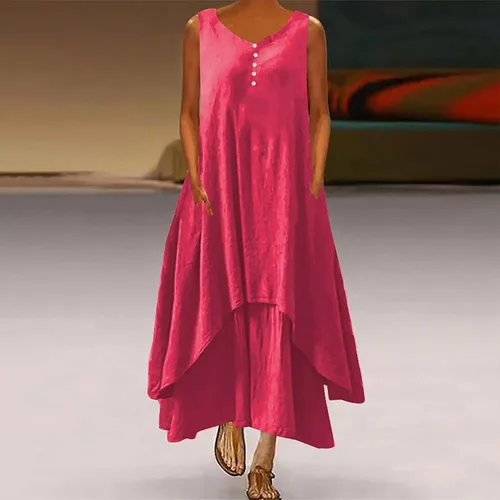 Vista 2 de Vestidos de verano de lino y algodón para mujer 2024 Vestido Largo Mangas bolsillos a la Moda Vestidos Largos
