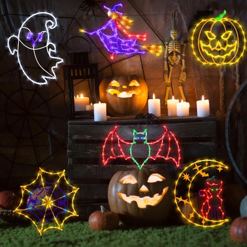 Vista 5 de Decoraciones de Luces de Siluetas para Ventana de Halloween de 16" - Paquete de 6 Colores Iluminados Gato en Luna y Fantasma y Telaraña y Calabaza
