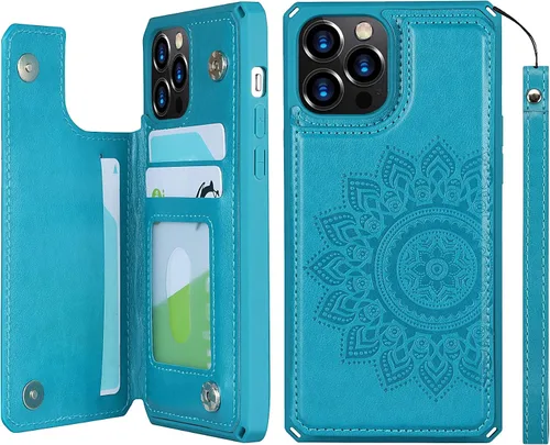 Vista 18 de iCoverCase Compatible con iPhone 12/12 Pro Wallet Funda para teléfono con tarjetero para mujer, bloqueo RFID en relieve de piel sintética con correa