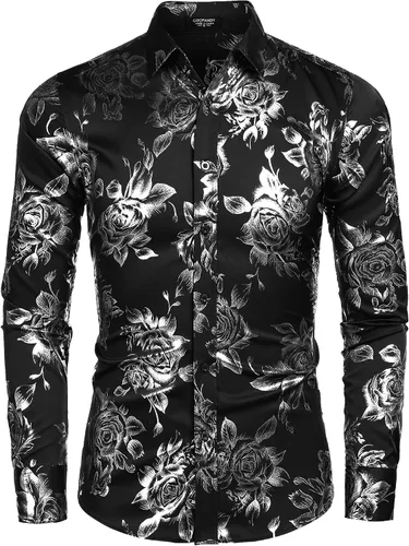 Vista 2 de COOFANDY Camisa de botones con estampado de flores de lujo para hombre