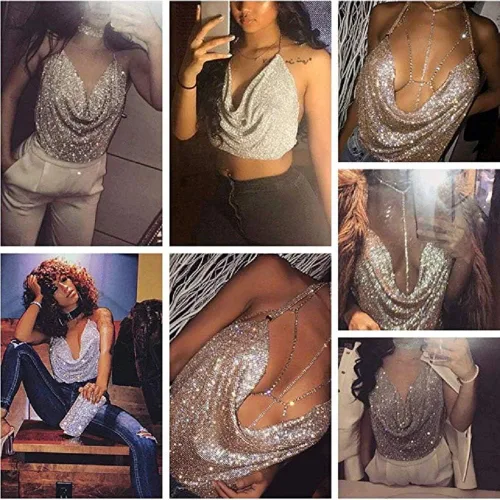 Vista 3 de Camiseta sin mangas sexy con diamantes de imitación brillantes para mujer, cuello en V profundo, cuello halter, cadena de metal, para club nocturno