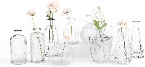 Vista 9 de Gather & Bloom Creations Juego de 5 Mini Floreros – Jarrones Pequeños de Cristal Transparente en Formas y Tamaños Únicos para Flores, Luces