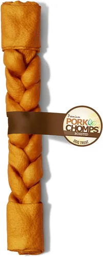 Vista 7 de Pork Chomps Piel de cerdo asada para masticar para perros, trenza de 8 pulgadas, sabor a mantequilla de maní, 1 unidad Oven-baked from real pork