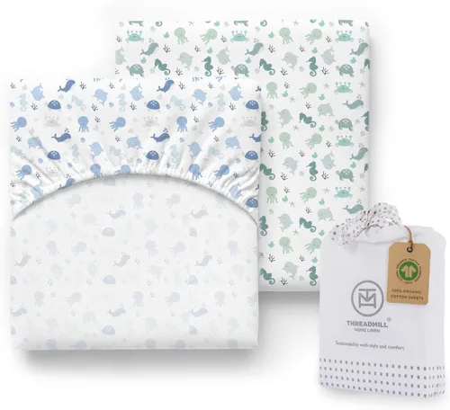 Vista 14 de Threadmill Sábana de cuna de algodón orgánico, blanco, 2 piezas, ajustada, unisex Azul Blanco
