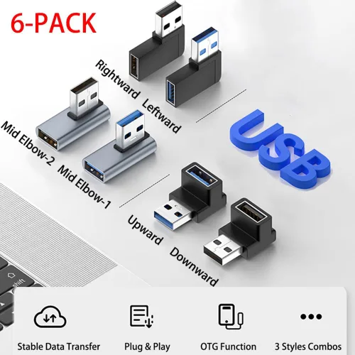 Vista 7 de Paquete de 6 adaptadores USB 3.1 macho a hembra de 10 Gbps hacia arriba hacia abajo a la izquierda derecha 90 grados de ángulo recto cable USB