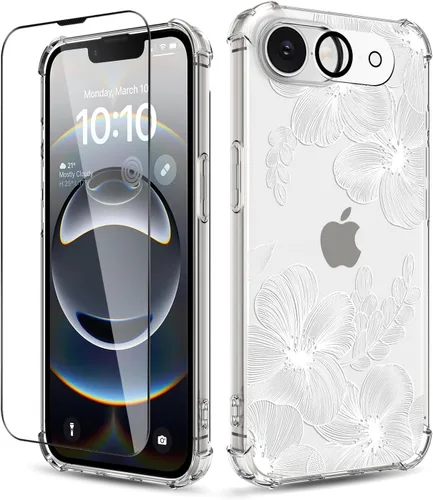Vista 29 de Funda para iPhone 14, [3 en 1] con protector de pantalla y protector de lente de cámara, diseño de patrón de flores, transparente, suave, a prueba