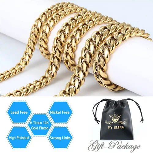 Vista 3 de Gargantillabrazalete con cadena de eslabones cubanos pesados para hombre, de acero inoxidable grueso chapado en oro de 14 quilates, disponible