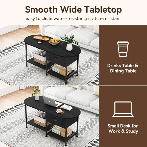 Vista 3 de Mesa de centro ovalada pequeña de 37 pulgadas con almacenamiento, mesa central de madera moderna para espacios pequeños, apartamento, oficina