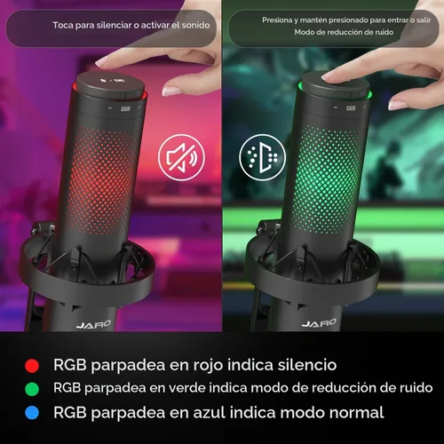 Vista 3 de JARO Micrófono condensador USB con patrón multipolar con cancelación de ruido silenciosa RGB para podcasting, juegos, transmisión, YouTube, Zoom
