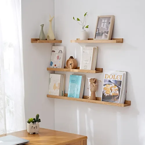 Vista 2 de Estantes flotantes de 12 pulgadas montados en la pared, estante de madera de roble macizo para decoración y almacenamiento, repisa de fotos