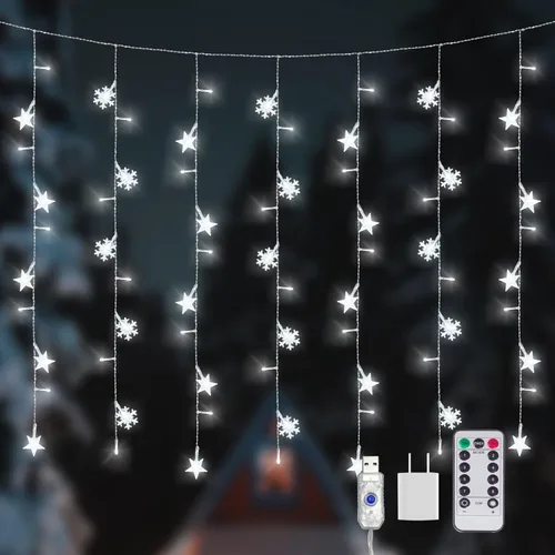 Vista 6 de Newhale Tira de luces de cortina de Navidad con 8 modos de luces con copo de nieve y estrella, luces de pared para decoración de Navidad