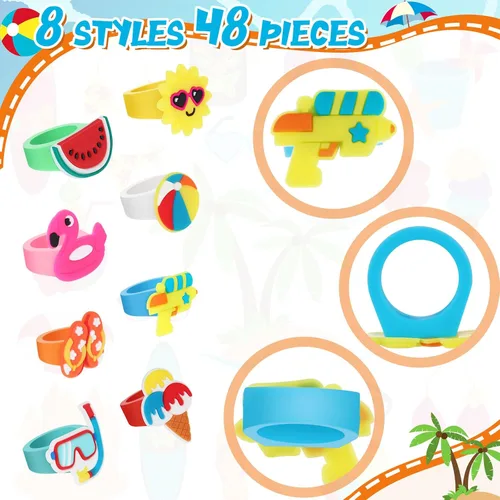 Vista 3 de Wettarn 48 anillos tropicales para cupcakes, decoración de tartas temáticas de playa de verano, decoración de tartas hawaianas con flamenco, sandía