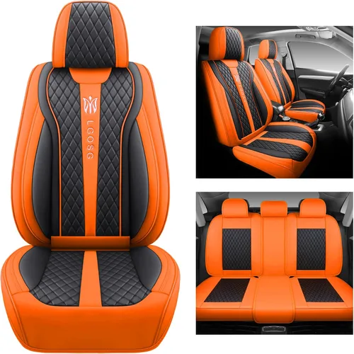 Vista 2 de LGOSG - Juego completo de fundas de cuero para asientos delanteros y traseros para sedán, SUV, 5 asientos, ajuste universal (negro naranja)