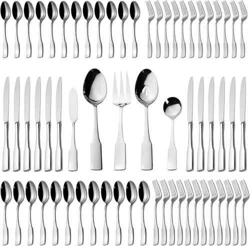 Vista 19 de Alata Kate Black Mirror - Cubiertos de 45 piezas con juego de utensilios para servir utensilios, servicio para 8, cubiertos de acero inoxidable